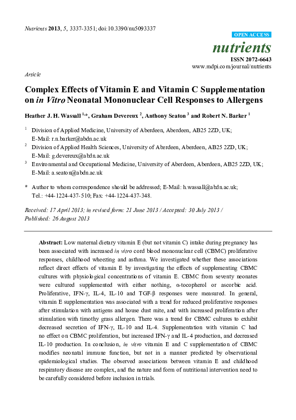 (PDF) Complex Effects of Vitamin E and Vitamin C Supplementation on in ...