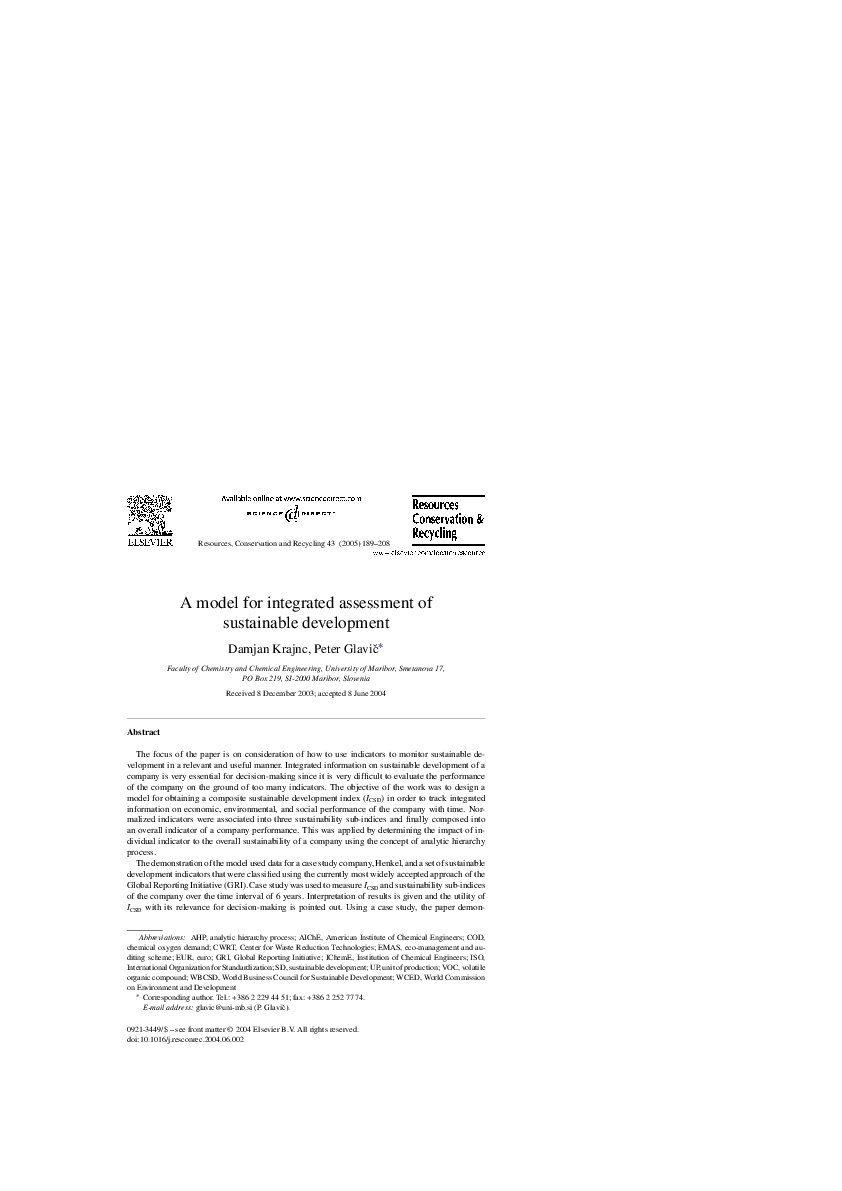 (PDF) A model for integrated assessment of sustainable development