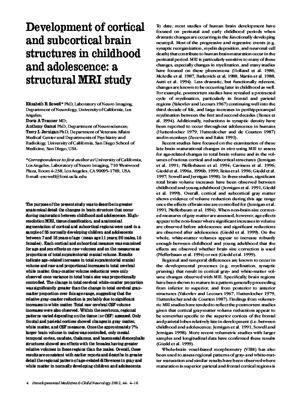 (PDF) Development of cortical and subcortical brain structures in ...