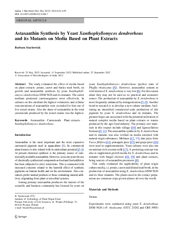 (PDF) Astaxanthin Synthesis by Yeast Xanthophyllomyces dendrorhous and ...