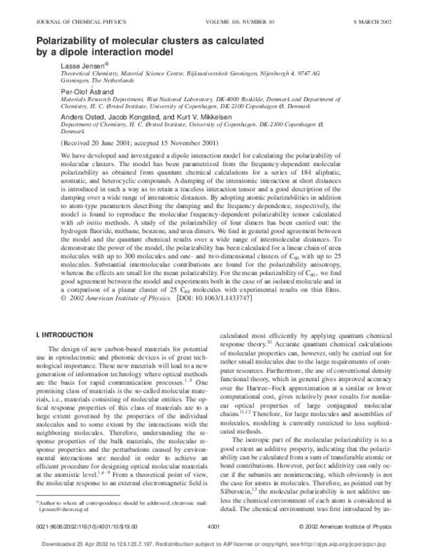 (PDF) Polarizability of molecular clusters as calculated by a dipole ...
