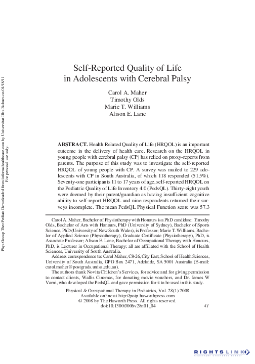 (PDF) Self-Reported Quality of Life in Adolescents with Cerebral Palsy