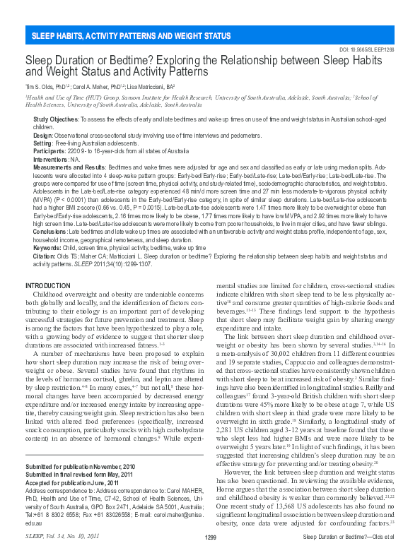 (PDF) Sleep Duration or Bedtime? Exploring the Relationship between ...