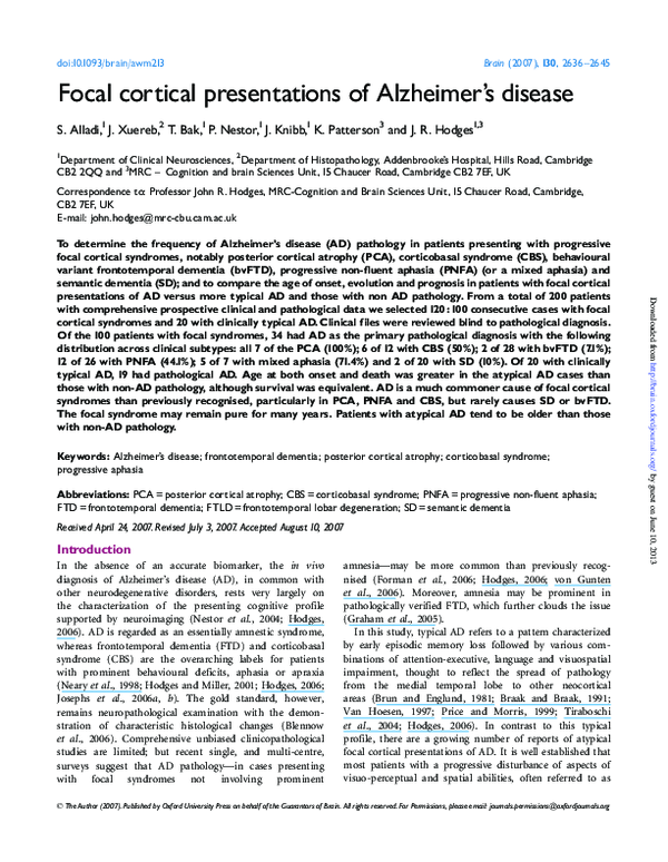 (PDF) Focal cortical presentations of Alzheimer's disease