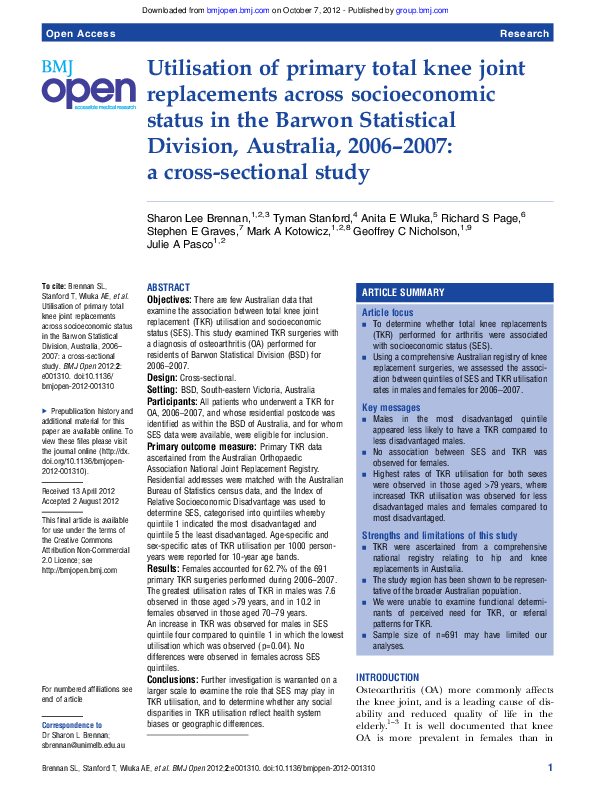 (PDF) Utilisation of primary total knee joint replacements across ...