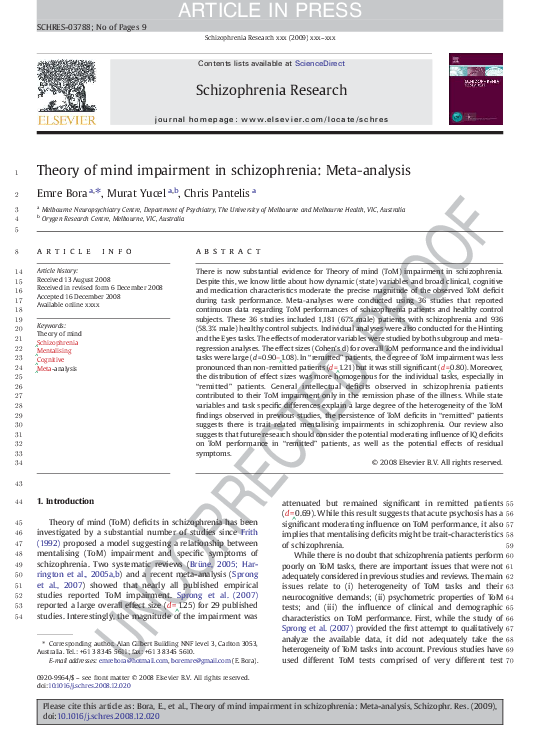 (PDF) Theory of mind impairment in schizophrenia: Meta-analysis