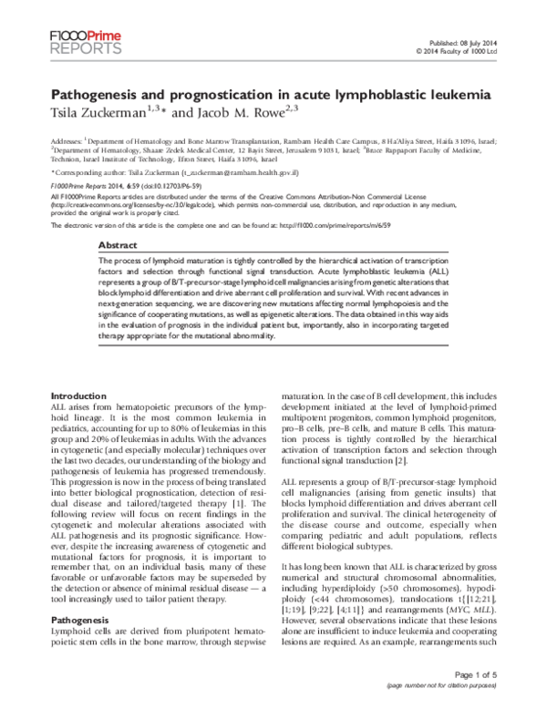 (PDF) Pathogenesis and prognostication in acute lymphoblastic leukemia