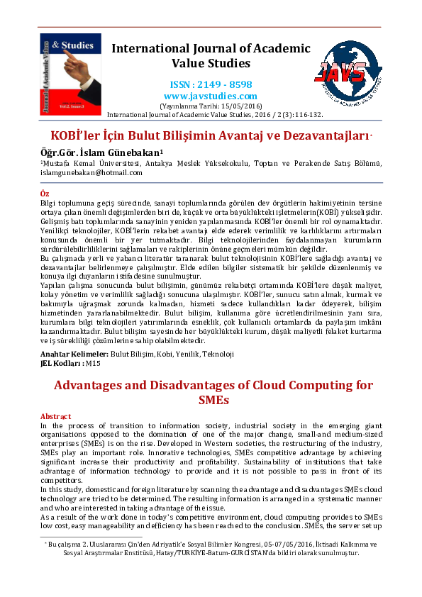 (PDF) KOBİ'ler İçin Bulut Bilişimin Avantaj ve Dezavantajları ...