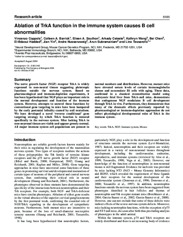 (PDF) Ablation of TrkA function in the immune system causes B cell ...