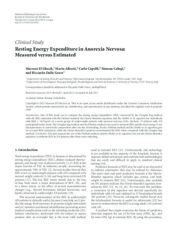 (PDF) Resting Energy Expenditure in Anorexia Nervosa: Measured versus ...