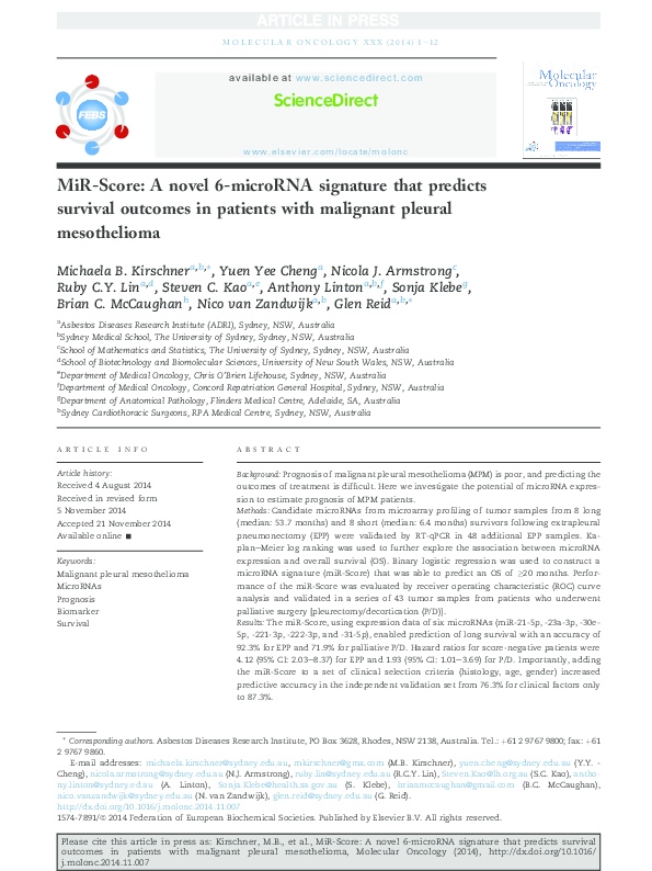 (PDF) MiR-Score: A novel 6-microRNA signature that predicts survival ...