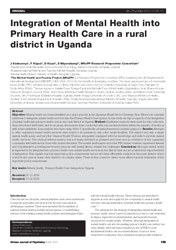 (PDF) Integration of Mental Health into Primary Health Care in a rural ...