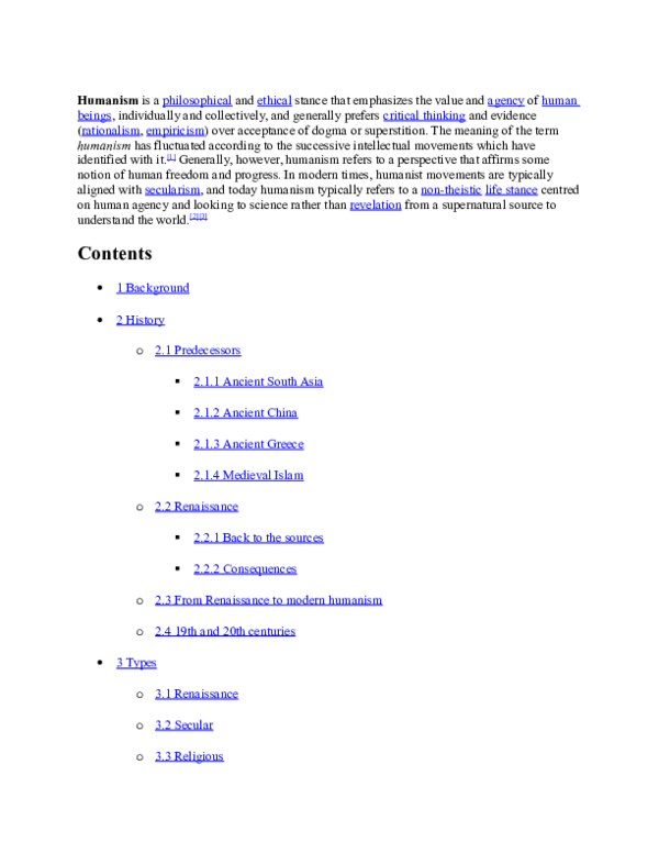 (DOC) Humanism is a philosophical and ethical stance that emphasizes ...
