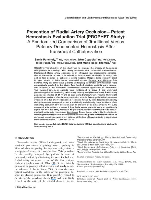 (PDF) Prevention of radial artery occlusion-Patent hemostasis ...