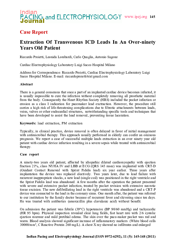 (PDF) Extraction Of Transvenous ICD Leads In An Over-ninety Years Old ...
