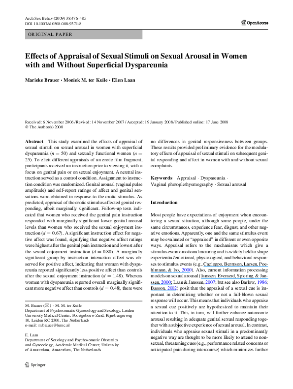 (PDF) Effects of Appraisal of Sexual Stimuli on Sexual Arousal in Women ...