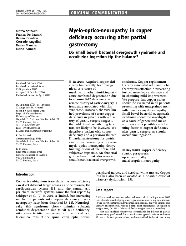 (PDF) Myeloopticoneuropathy in copper deficiency occurring after