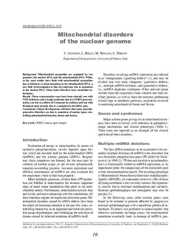 (PDF) Mitochondrial disorders of the nuclear genome