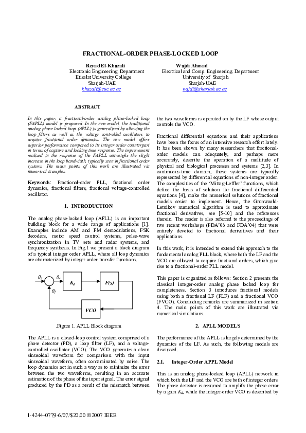 (PDF) Fractionalorder phaselocked loop Reyad ElKhazali Academia.edu