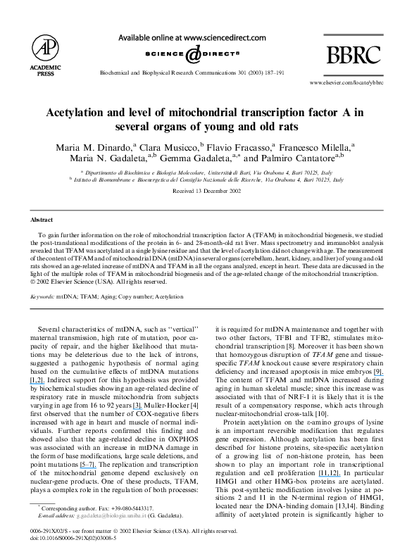 (PDF) Acetylation and level of mitochondrial transcription factor A in ...