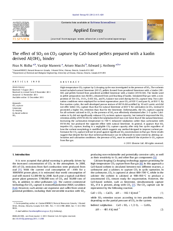 (PDF) The effect of SO2 on CO2 capture by CaO-based pellets prepared ...
