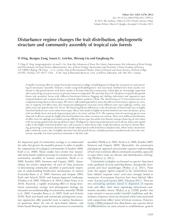 (PDF) Disturbance regime changes the trait distribution, phylogenetic ...