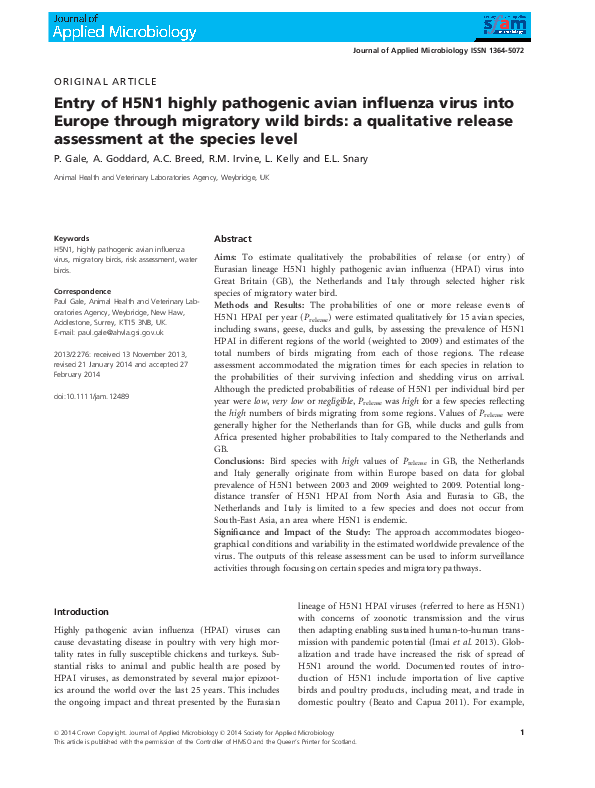 (PDF) Entry of H5N1 highly pathogenic avian influenza virus into Europe ...