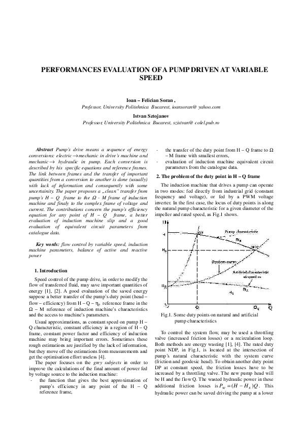 (PDF) PERFORMANCES EVALUATION OF A PUMP DRIVEN AT VARIABLE SPEED