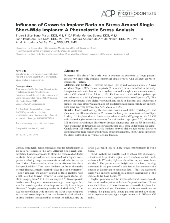  PDF Influence Of Crown to Implant Ratio On Stress Around Single Short 
