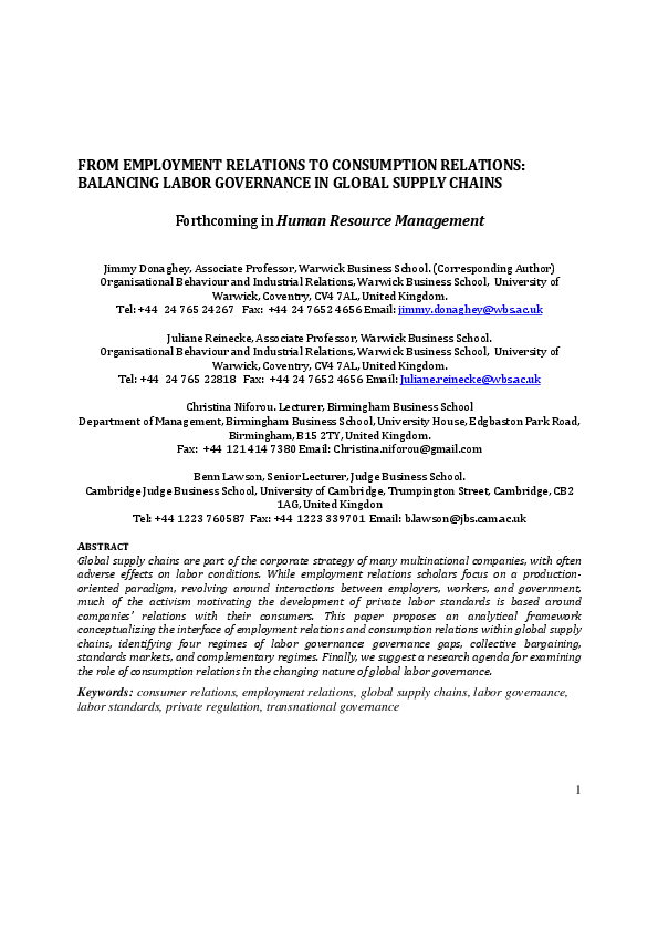 (PDF) From Employment Relations to Consumption Relations: Balancing ...