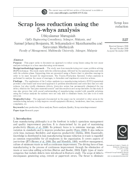 (PDF) Scrap loss reduction using the 5-whys analysis
