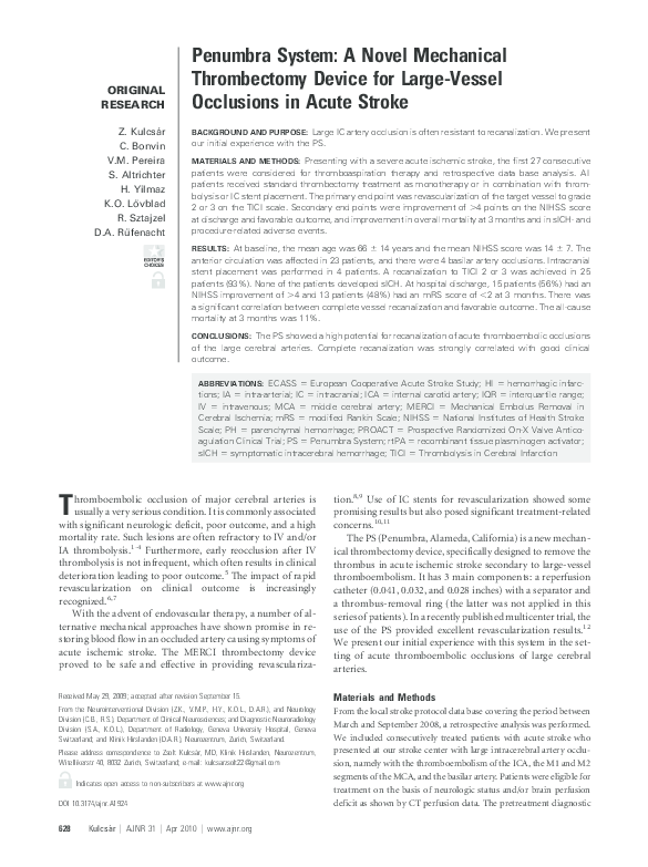 (PDF) Penumbra System: A Novel Mechanical Thrombectomy Device for Large ...