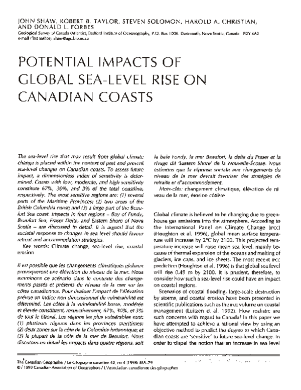 (PDF) Potential Impacts of Global Sea-Level Rise on Canadian Coasts