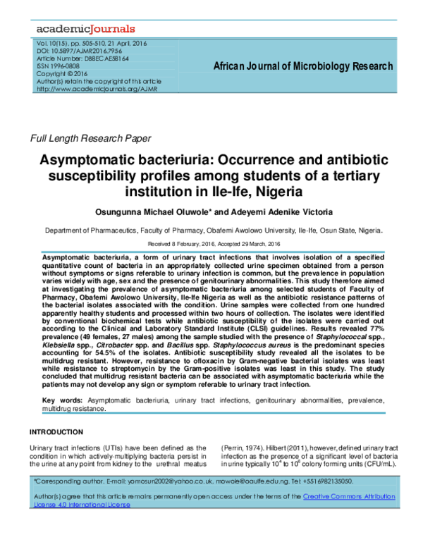 (PDF) African Journal of Microbiology Research Asymptomatic bacteriuria ...