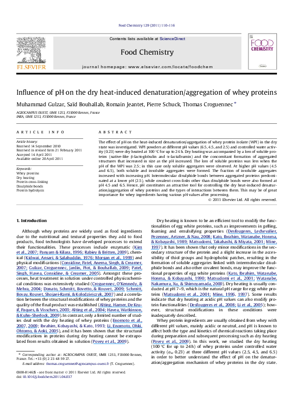 (PDF) Influence of pH on the dry heatinduced denaturation/aggregation