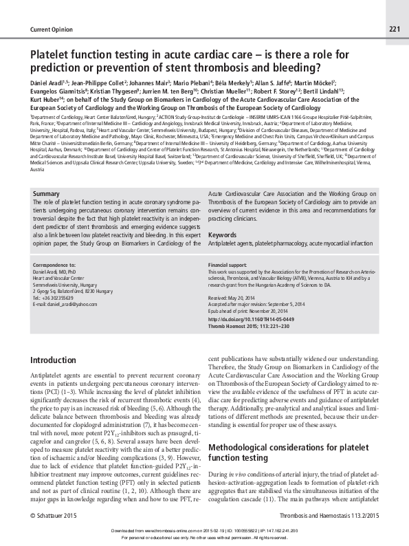 (PDF) Platelet function testing in acute cardiac care–is there a role ...