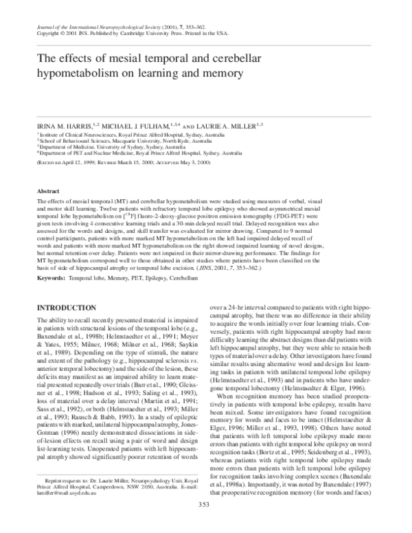 (PDF) The effects of mesial temporal and cerebellar hypometabolism on ...