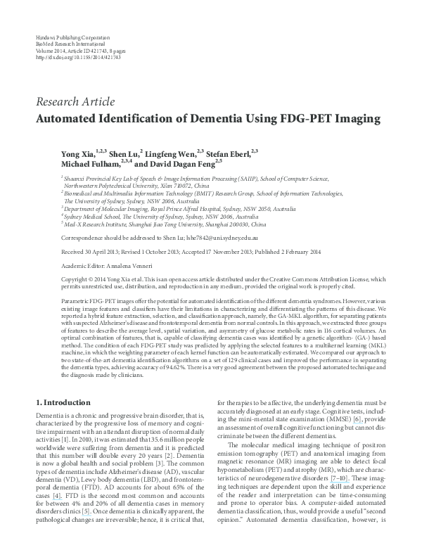 (PDF) Automated identification of dementia using FDG-PET imaging