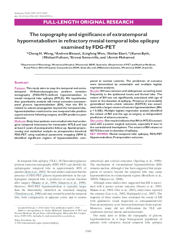 (PDF) The topography and significance of extratemporal hypometabolism ...
