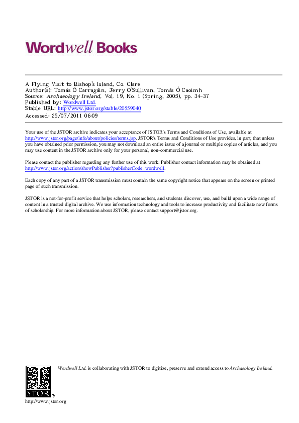 'A Flying Visit to Bishop's Island, Co. Clare' Archaeology Ireland 19.1 2005