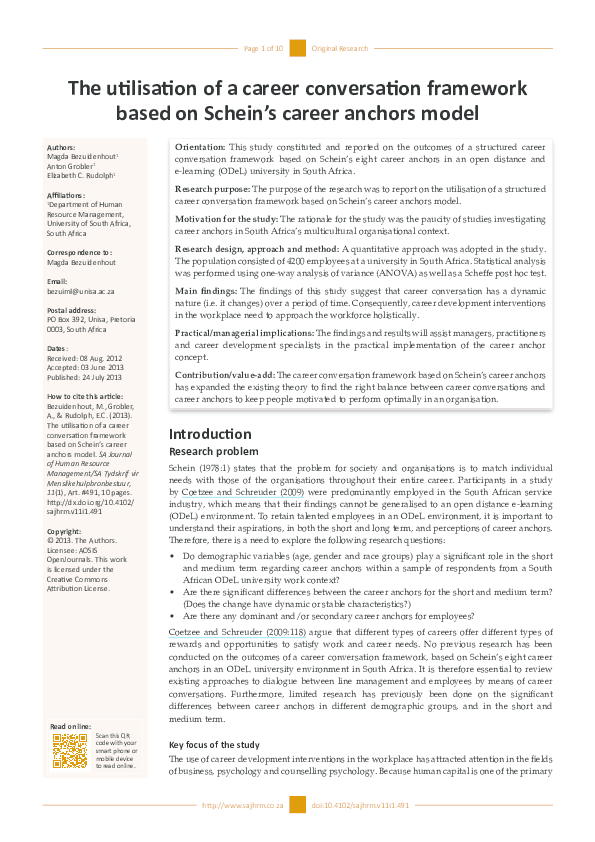 (PDF) A Career Conversation Framework Based On Schein's Career Anchors