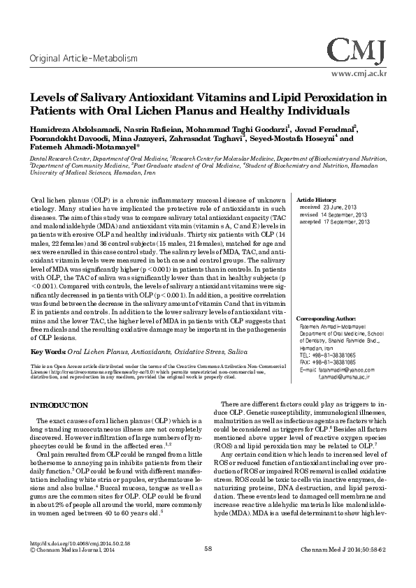 (PDF) Levels of Salivary Antioxidant Vitamins and Lipid Peroxidation in