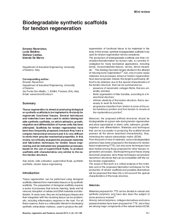 (PDF) Biodegradable synthetic scaffolds for tendon regeneration