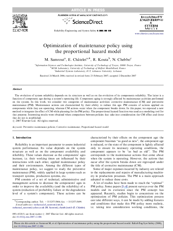 (PDF) Optimization of maintenance policy using the proportional hazard ...