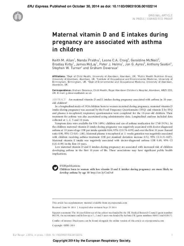 (PDF) Maternal vitamin D and E intakes during pregnancy are associated