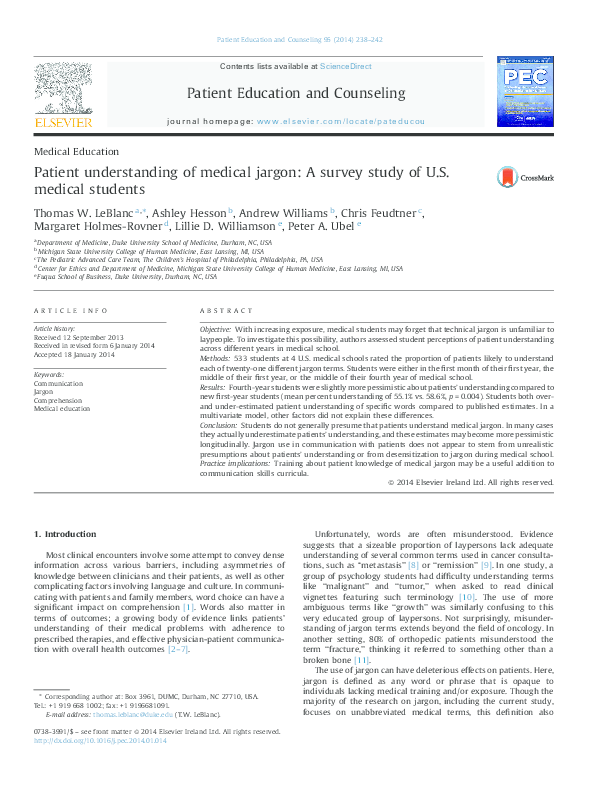 (PDF) Patient understanding of medical jargon A survey study of U.S. medical students