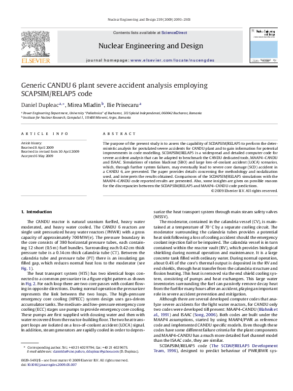 (PDF) Generic CANDU 6 plant severe accident analysis employing SCAPSIM ...
