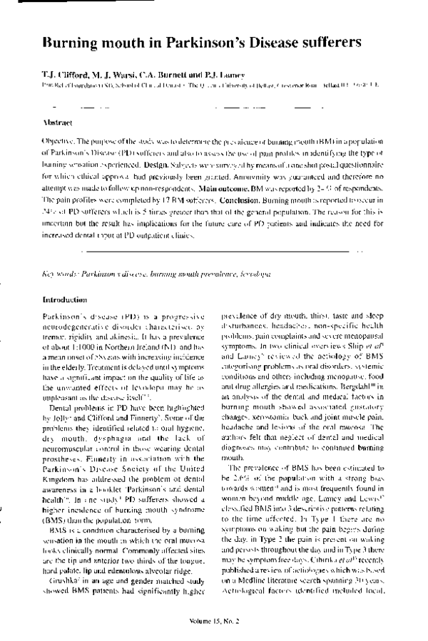 (PDF) Burning mouth in Parkinson's Disease sufferers Tammy Clifford
