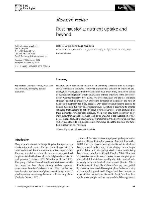 (PDF) Rust haustoria: nutrient uptake and beyond