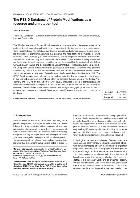 (PDF) The RESID Database of Protein Modifications as a resource and ...